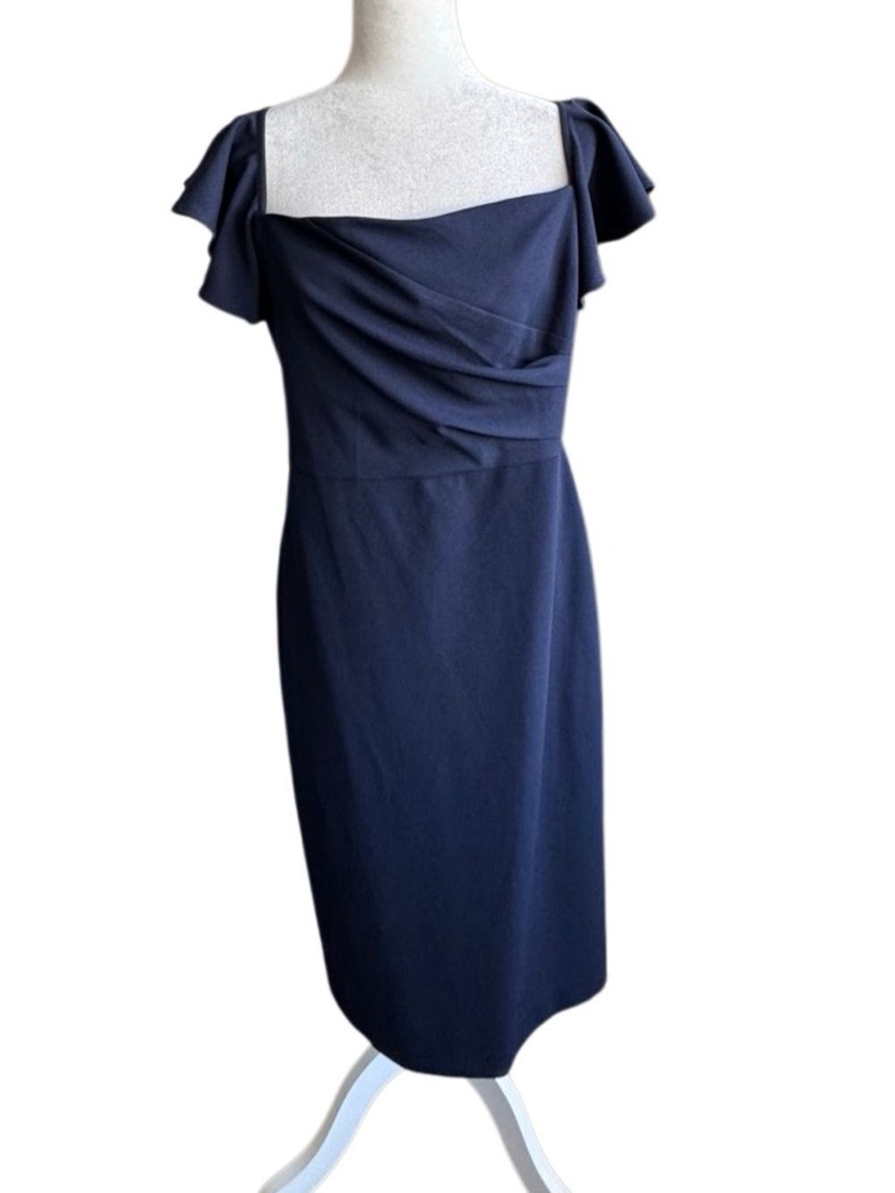 Calvin Klein Navy Dress Ruffle-Sleeve Midi Dressy Wedding Formal SZ 16 NEW